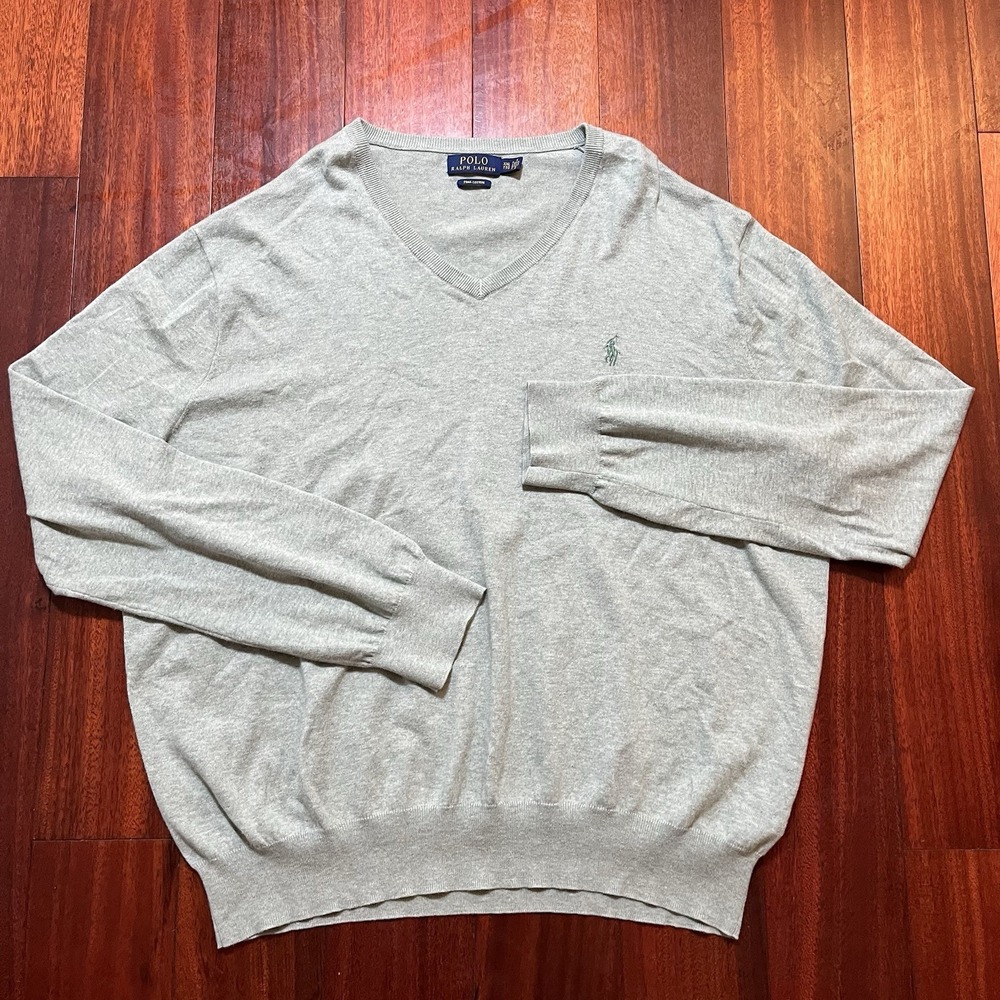 Polo Ralph Lauren Mens XXL Pima Cotton Gray V-Neck Sweater Pullover Green Pony